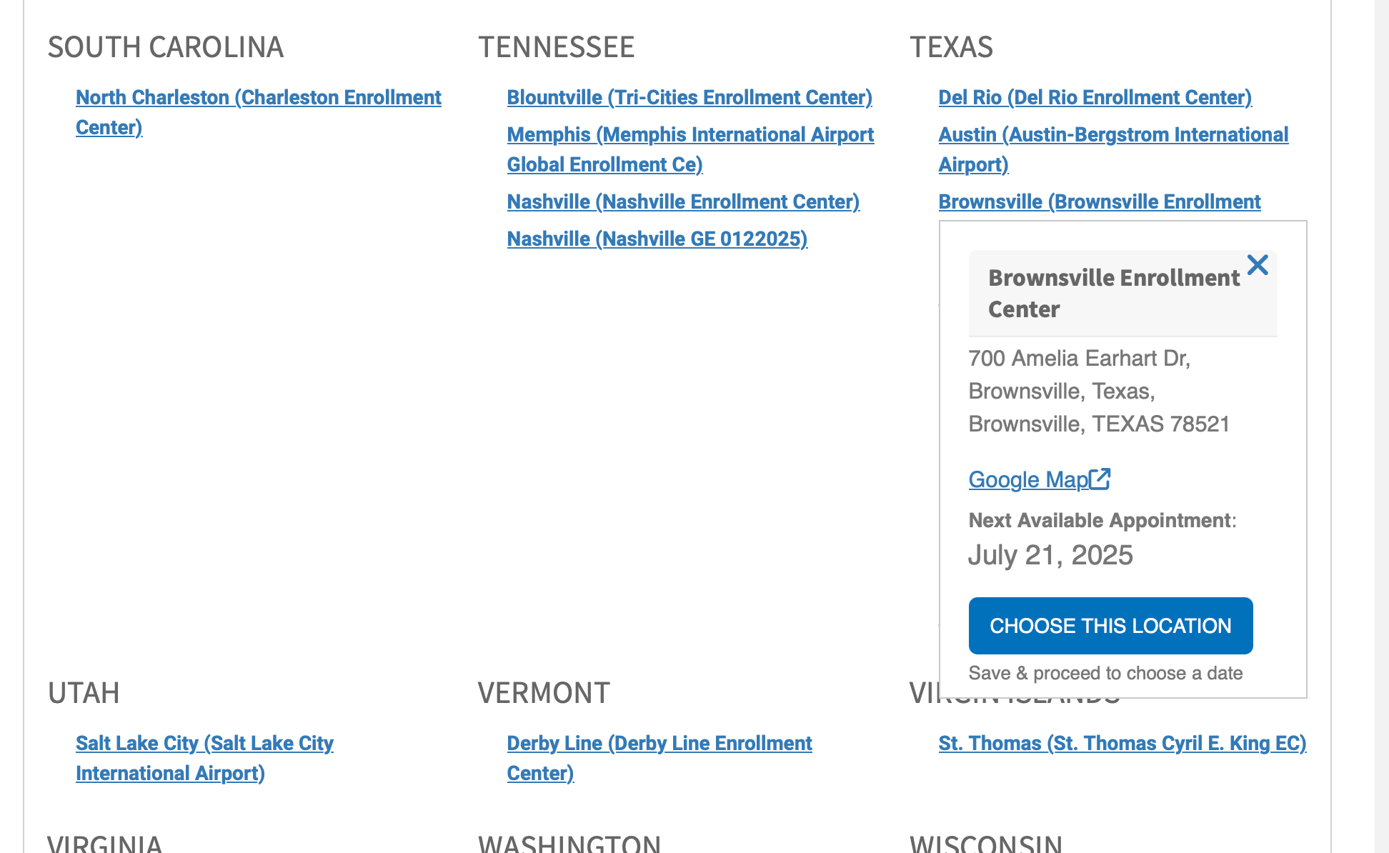 Global Entry appointment availability on DHS website for specific states.